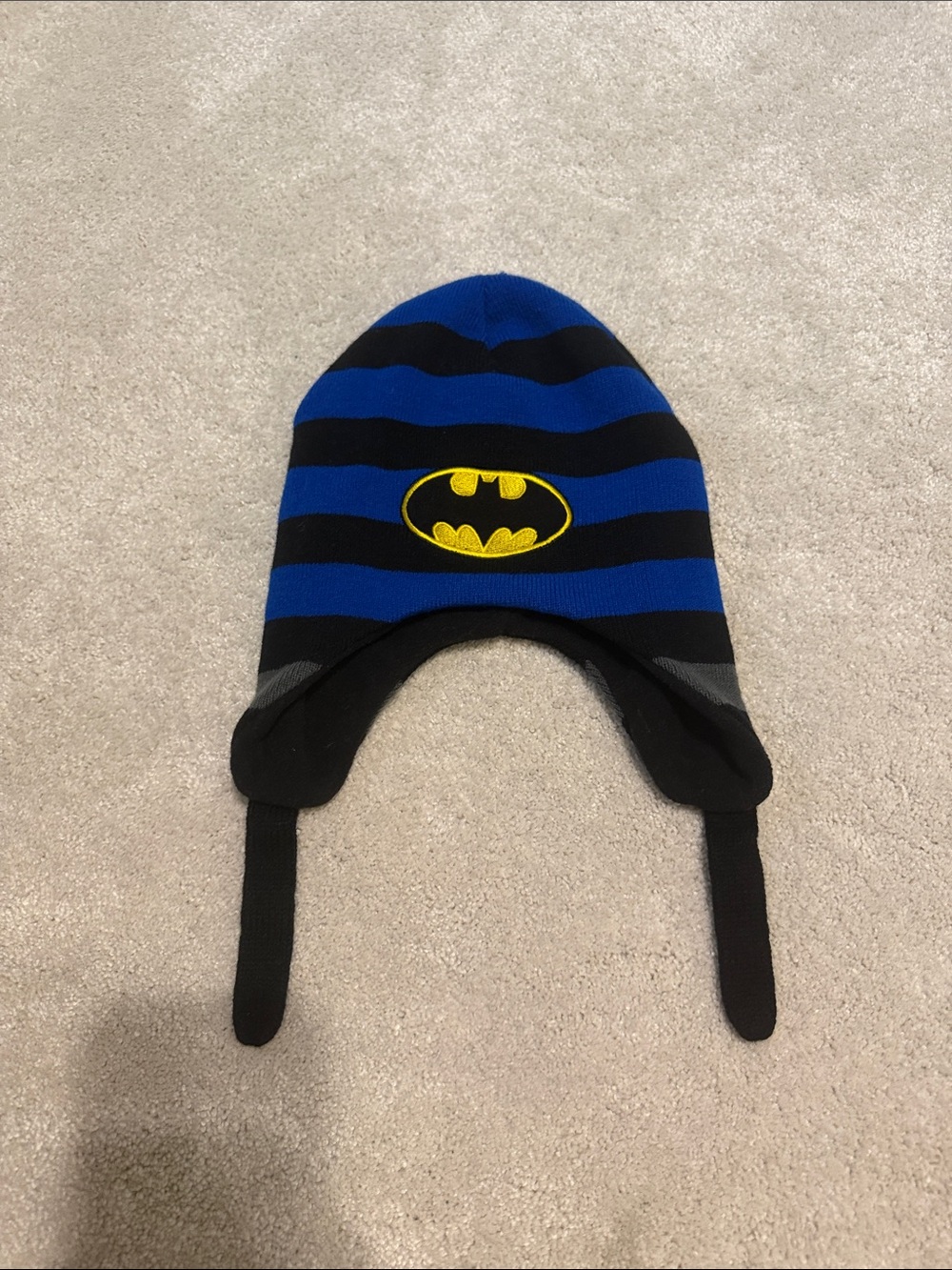 Batman Blue and Black Striped Knit Earflap Hat with Yellow Logo ( Never Worn)